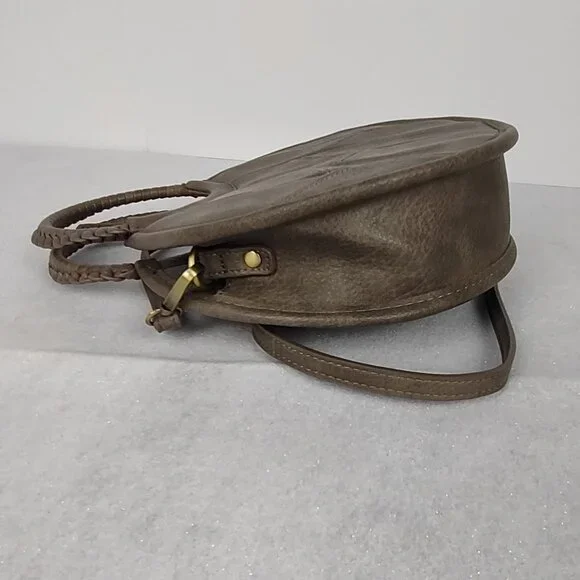 Antik Kraft Round Crossbody Bag Gray Brown Faux Leather Braided Handle - Picture 5 of 14